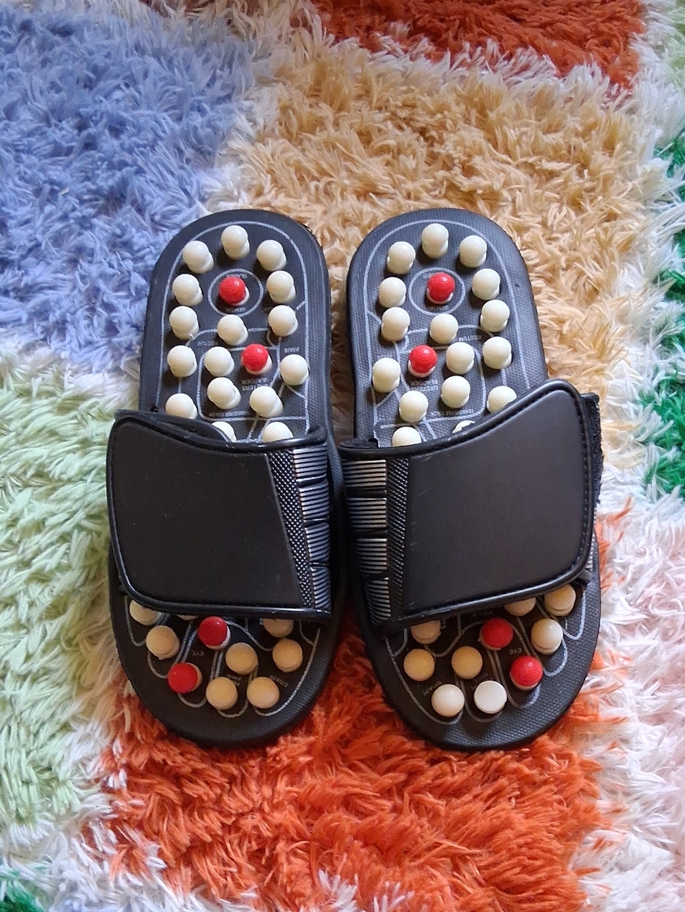 Black Acupressure Massage Slide Sandals with Red & Cream Accents